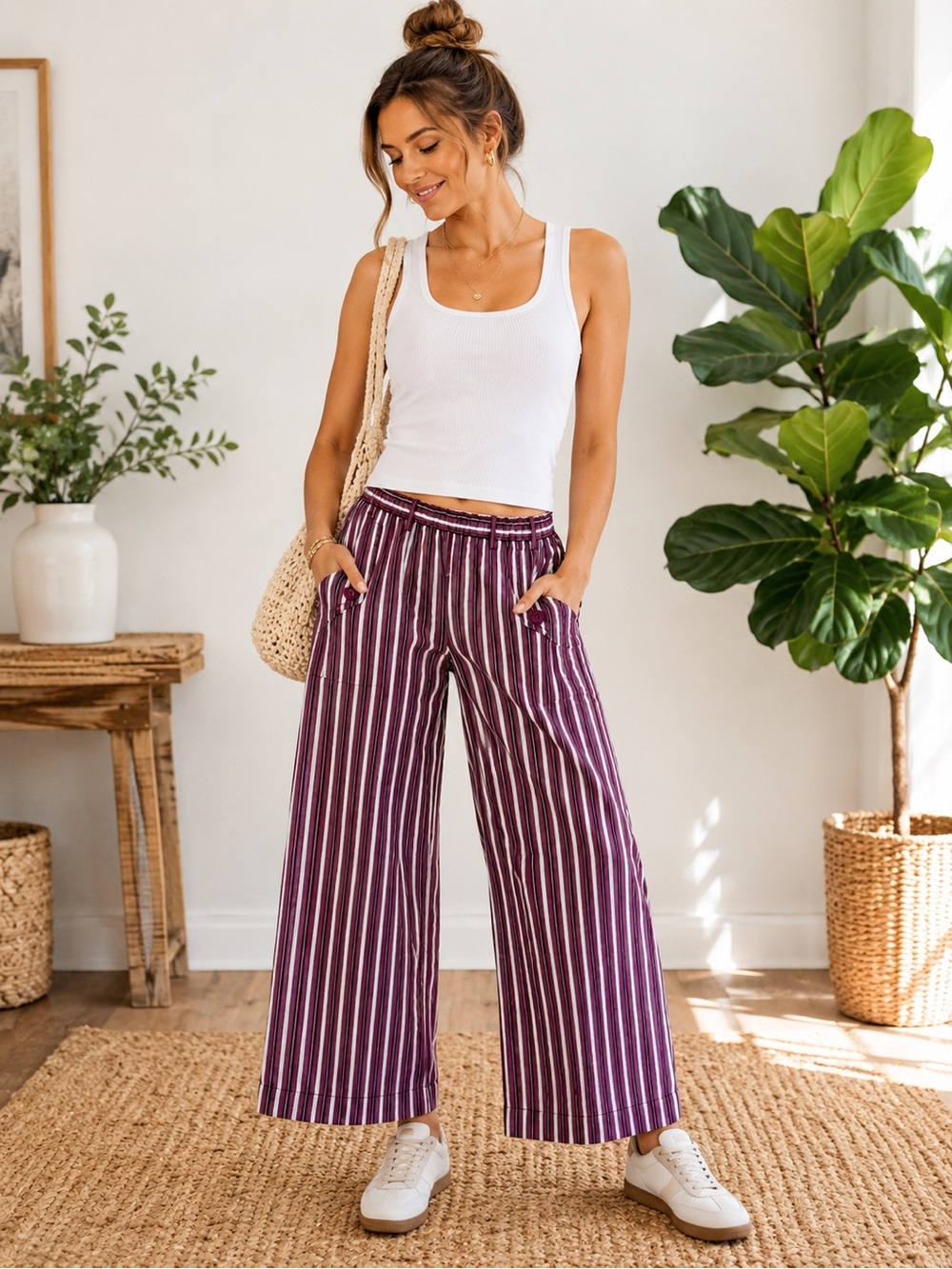 Saturday Sunday Striped Wide Leg Pants S Purple Cream Cotton Boho Beachy Lounge